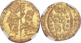 Rhodes - Knights of St. John. Anton Fluvian gold Ducat ND (1421-1437) MS62 NGC, 3.38gm, Ives-Plate IX, B, Fr-3var, Grand Master kneeling before St. Ma...