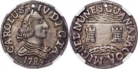 Charles IV 4-Reales Sized Proclamation Medal 1789 XF Details (Holed, Tooled) NGC, Herrera-139, Medina-159. By Miguel Nunes Guanabacoa. A very rare Cub...