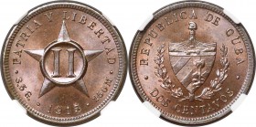 Republic Pattern 2 Centavos 1915 MS63 Brown NGC, KM-PnC10. An extremely scarce pattern with an unlisted mintage. Lustrous and vibrant with alluring li...