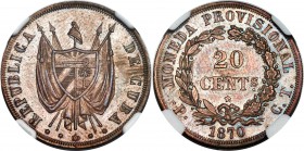 Provisional Republic copper Proof Pattern 20 Centavos 1870-PCT PR63 Brown NGC, Potosi mint, KM-Pn3a. Only 40 examples of this pattern issue were struc...
