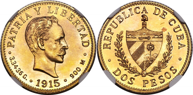 Republic gold Proof 2 Pesos 1915 PR64+ NGC, KM17. Hailing from the nearly iconic...