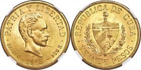 Republic gold 20 Pesos 1915 MS62+ NGC, Philadelphia mint, KM21, Fr-1. Highly attractive for the grade, with only minor handling observed across the la...