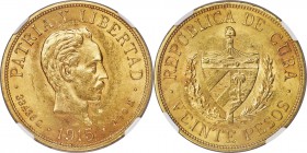 Republic gold 20 Pesos 1915 MS61 NGC, Philadelphia mint, KM21. Mint State, with a peach-hued planchet that imparts much original luster and boldly exe...
