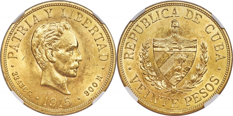 Republic gold 20 Pesos 1915 MS61 NGC, KM21. A bright and lustrous example showin...