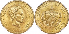 Republic gold 20 Pesos 1915 MS61 NGC, KM21. A bright and lustrous example showing light handling commensurate with the grade. 

HID09801242017
