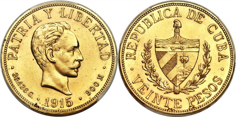 Republic gold 20 Pesos 1915 AU58 PCGS, KM21. Virtually unworn, with only light w...