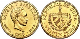 Republic gold 20 Pesos 1915 AU58 PCGS, KM21. Virtually unworn, with only light wisps in the fields pointing to a short history in circulation. 

HID09...