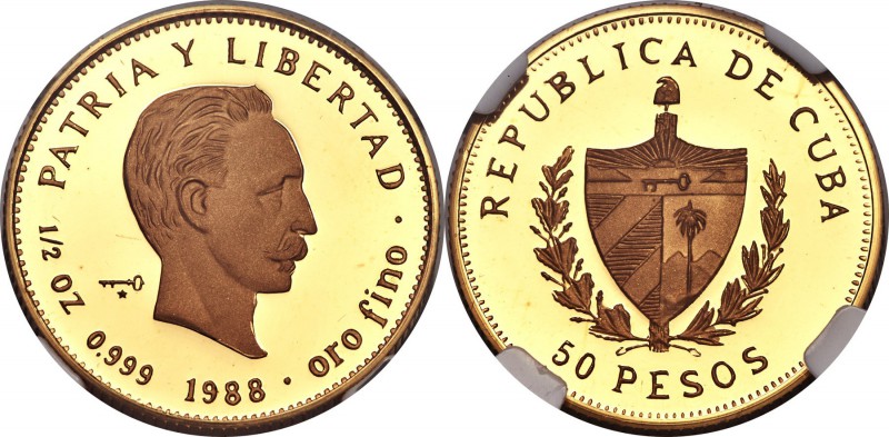 Republic gold Proof 50 Pesos (1/2 oz) 1988 PR65 Ultra Cameo NGC, KM214, Fr-21. J...