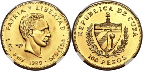 Republic gold 100 Pesos 1989 MS68 NGC, KM215, Fr-20. Jose Marti issue. A scarce type of which only 150 were struck. 

HID09801242017