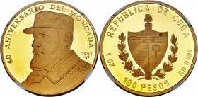 Republic gold Proof "Fidel Castro" 100 Pesos 1993 PR68 Ultra Cameo NGC, KM537. Issued in celebration of the 40th Anniversary of the assault on the Mon...