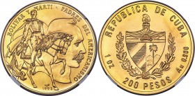Republic gold "Bolivar & Marti" 200 Pesos 1993 MS68 NGC, Havana mint, KM542. Mintage: 100. Tied for second-finest graded at NGC. AGW 0.900 oz.

HID098...
