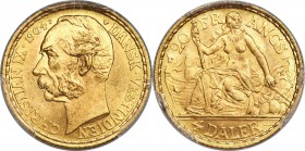 Christian IX gold 4 Daler (20 Francs) 1904-(h) MS65 PCGS, Copenhagen mint, KM72. A hint of toning overlies cartwheel luster and lightly frosty surface...