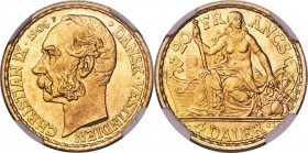 Christian IX gold 4 Daler (20 Francs) 1905-(h) MS67 NGC, Copenhagen mint, KM72. Obv. Bust of Christian IX left. Rev. Seated liberty figure divides den...