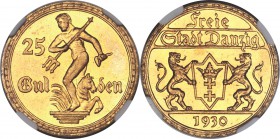Free City gold 25 Gulden 1930 MS65 NGC, Berlin mint, KM150, Fr-44. A scarcer type hailing from an original mintage of only 4,000 specimens. Flashy wit...