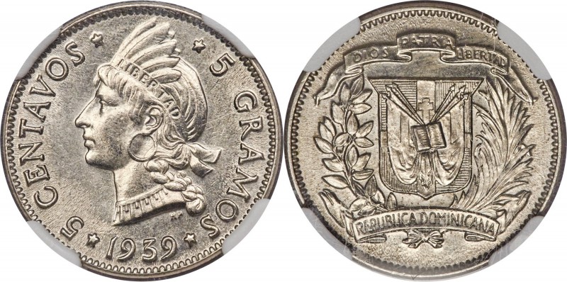 Republic 5 Centavos 1939 MS65 NGC, KM18. The joint highest graded example of thi...