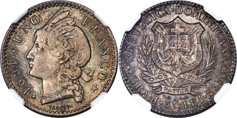 Republic Franco 1891-A MS65 NGC, Paris mint, KM11. A graphite-toned gem with ele...