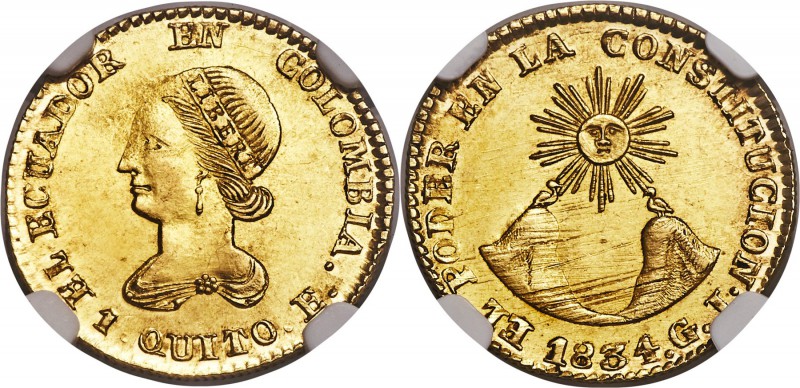Republic gold Escudo 1834-GJ MS64 NGC, Quito mint, KM15, Fr-2. Guillermo Jameson...