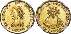 Republic gold Escudo 1834-GJ MS64 NGC, Quito mint, KM15, Fr-2. Guillermo Jameson as assayer. The single highest graded example of this rare type, the ...