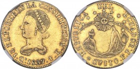 Republic gold 4 Escudos 1837-FP XF45 NGC, Quito mint, KM19. A fleeting type which is normally seen in lower grades, this example ranks among the finer...