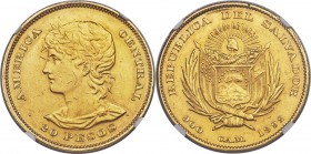 Republic gold 20 Pesos 1892-C.A.M. AU Details (Mount Removed) NGC, San Salvador mint, KM119. Mintage of only 300 pieces. Obv. Liberty head facing left...