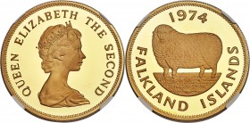British Colony. Elizabeth II gold Proof 5 Pounds 1974 PR69 Ultra Cameo NGC, KM9, Fr-1. Mintage: 2,158. With Romney marsh sheep on the reverse. 

HID09...