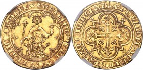 Philippe IV (1285-1314) gold Denier d'or à la masse ND MS61 NGC, Fr-254, Dup-208. 7.09gm. + PhILIPPVS : DЄI : GRA : FRANChORVM : REX, crowned king sea...