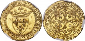Charles VI (1380-1422) gold Ecu d'Or a la couronne ND MS63 NGC St. Quentin mint (star in center of cross), Fr-291. 3.91gm. +KAROLVS: DЄI: GRACIA: FRAN...