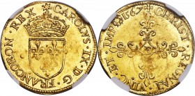 Charles IX gold Écu d'Or au soleil 1567-B MS61 NGC, Rouen mint, Fr-378, Dup-1057. 3.36gm. A vibrant example expressing mild reflectivity across brilli...