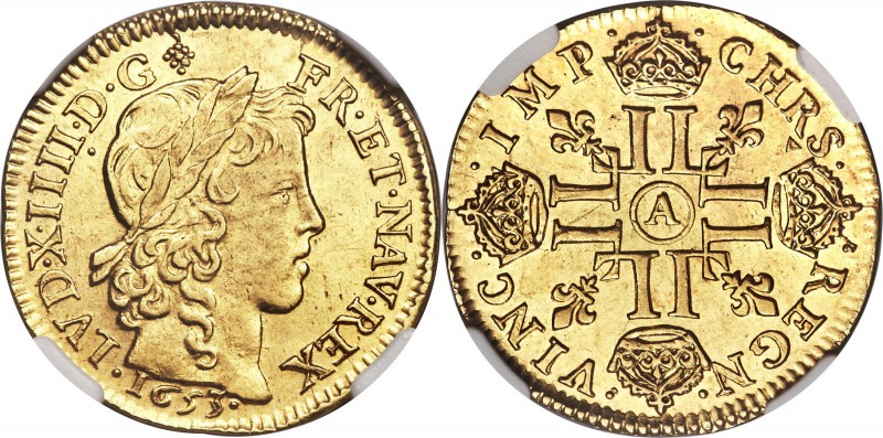Louis XIV gold Louis d'Or 1653-A MS62 NGC, Paris mint, KM157.1, Gad-245. Young b...
