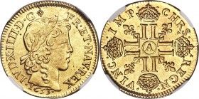 Louis XIV gold Louis d'Or 1653-A MS62 NGC, Paris mint, KM157.1, Gad-245. Young bust type. The offering exhibits a pleasing portrayal of the king, with...