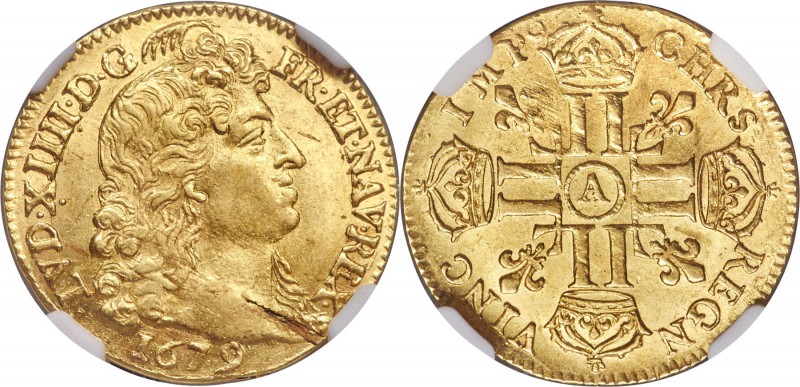 Louis XIV gold Louis d'Or 1679-A MS63 NGC, Paris mint, KM236.1, Gad-248. In very...