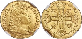 Louis XIV gold Louis d'Or 1679-A MS63 NGC, Paris mint, KM236.1, Gad-248. In very scarce condition for the type, this offering depicts the "Sun King" L...
