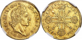 Louis XIV gold 2 Louis d'Or 1702-A UNC Details (Obverse Scratched) NGC, Paris mint, KM335.1. Overstruck on a 1694 2 Louis d'Or of the same monarch (cf...