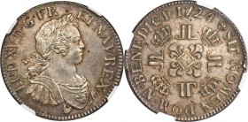 Louis XV Ecu 1724-N MS63+ NGC, Montpellier mint, KM472.14, Dav-1329. A standout bust of King Louis XV immediately draws the eyes of the viewer toward ...