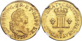 Louis XV gold Louis d'Or 1722-L MS64 NGC, Bayonne mint, KM461.11, Fr-456. A luminous and admirably preserved offering showing moderate adjustment mark...