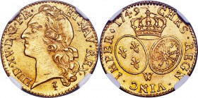 Louis XV gold Louis d'Or 1749-W MS65 NGC, Lille mint, KM513.22, Fr-464, Gad-341. An absolute gem showing vibrant blooming luster and a supremely detai...