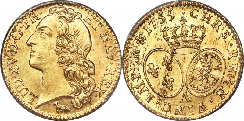 Louis XV gold Louis d'Or 1755-A MS64 PCGS, Paris mint, KM513.1, Gad-341. Struck ...