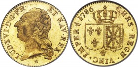 Louis XVI gold Louis d'Or 1786-W MS65 NGC, Lille mint, KM591.15. Truly sublime, this gem offering displays prooflike fields with details struck to pin...