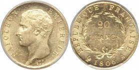 Napoleon gold 20 Francs 1806-A MS61 PCGS, Paris mint, KM674.1, Gad-1023. A great conditional rarity in this Mint State level of preservation, cartwhee...