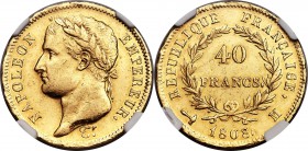 Napoleon gold 40 Francs 1808-M AU58 NGC, Toulouse mint, KM688.3, Gad-1083. A scarcer mint for the type, rarely offered in this high grade. The finest ...