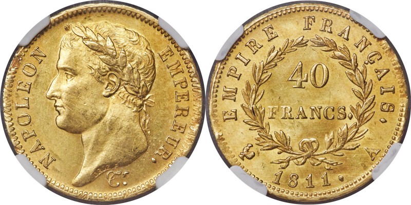 Napoleon gold 40 Francs 1811-A MS63 NGC, Paris mint, KM696.1. Satiny, with lumin...
