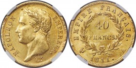 Napoleon gold 40 Francs 1811-A MS63 NGC, Paris mint, KM696.1. Satiny, with luminous golden fields exhibiting orange-gold accents along the peripheries...