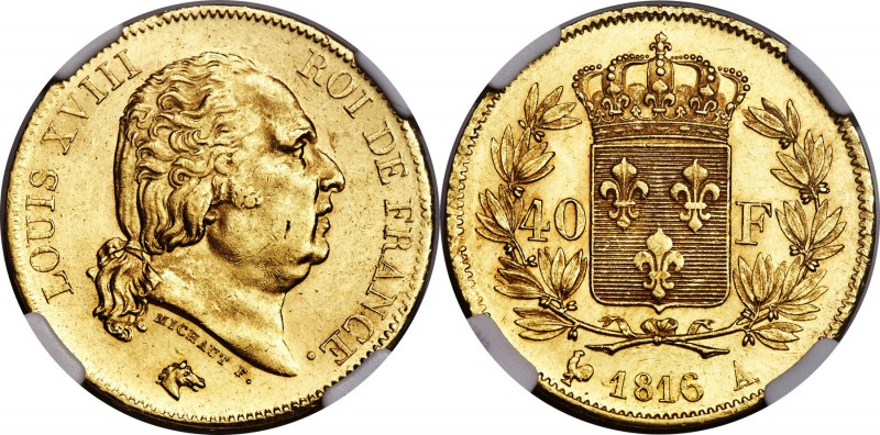 Louis XVIII gold 40 Francs 1816-A MS62 NGC, Paris mint, KM713.1. Struck in a min...