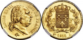 Louis XVIII gold 40 Francs 1816-A MS62 NGC, Paris mint, KM713.1. Struck in a mintage of only 41,000 examples. Brightly lustrous with only a scattering...