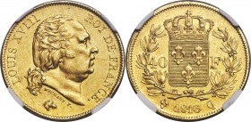 Louis XVIII gold 40 Francs 1816-Q MS60 NGC, Perpignan mint, KM713.5. Very scarce in Mint State! The Perpignan mint produced this type for just one yea...