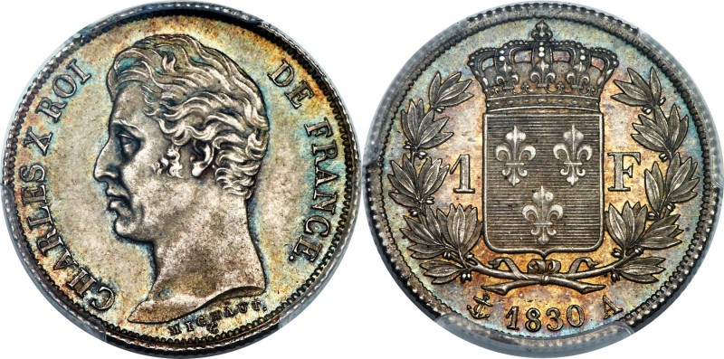 Charles X Franc 1830-A MS65 PCGS, Paris mint, cf. KM724.1, Gad-450a. Reeded edge...