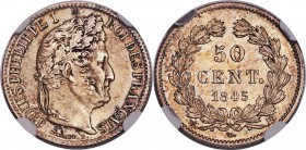 Louis Philippe I 50 Centimes 1845-BB MS63 NGC, Strasbourg mint, KM768.3. A very scarce mint for this date, this example represents the very finest tha...