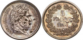 Louis Philippe I silver Cancelled Essai 5 Francs 1831 AU, Maz-962 var. A very rare pattern for Louis Philippe's 5 Francs, punched 24 times to enforce ...