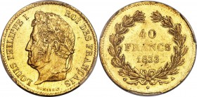 Louis Philippe I gold 40 Francs 1833-A MS62 PCGS, Paris mint, KM747.1, Fr-557. Tied for finest graded at PCGS to-date. A few adjustment marks can be s...