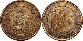 Napoleon III bronze Proof Essai Reverse Trial 2 Centimes ND (1855)-B PR65 Red and Brown NGC, Maz-1719. A rare Essai struck in bright copper with a few...
